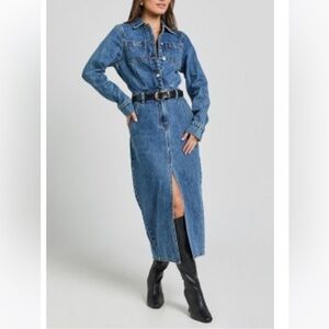 Showpo ALISON MIDI DRESS - LONG SLEEVE FRONT SPLIT DENIM DRESS IN MID BLUE WASH